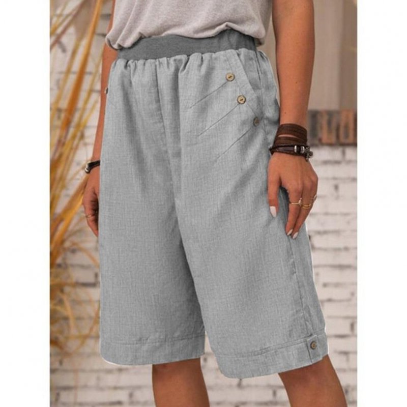 Women Cotton Linen Cropped Pants Casual Solid Color Large Size Straight Middle Waist Knee Length Pants grey 4XL
