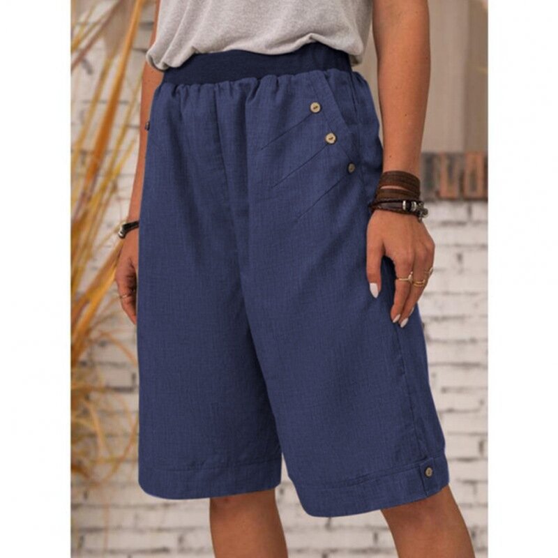 Women Cotton Linen Cropped Pants Casual Solid Color Large Size Straight Middle Waist Knee Length Pants blue M