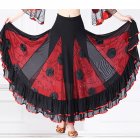 Women Dance Skirts Modern Waltz Standard Ballroom Dance Large Swing Practice Skirts For Stage Performance Black flower + bright red S