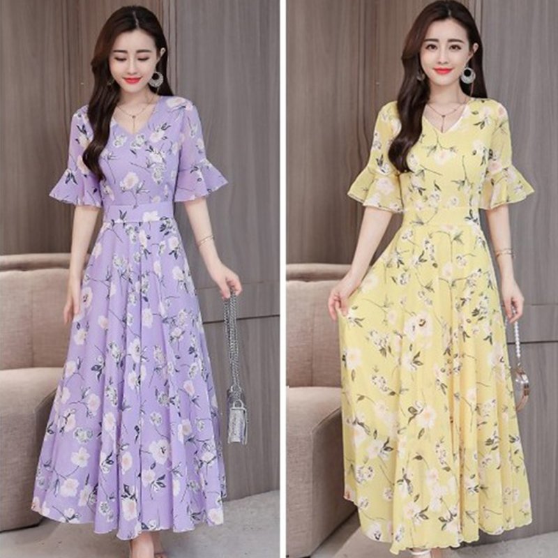 Women Delicate Flower Pattern Chiffon Lotus Leaf Sleeve Fashion Printing Long Dress purple_XL