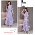 Women Delicate Flower Pattern Chiffon Lotus Leaf Sleeve Fashion Printing Long Dress purple XL