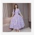 Women Delicate Flower Pattern Chiffon Lotus Leaf Sleeve Fashion Printing Long Dress purple XL