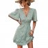 Women Dot Printing Dress Sexy V Neck Elastic Waist Ruffle Sleeve A line Mini Dress Casual Beach Dress yellow L