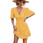 Women Dot Printing Dress Sexy V Neck Elastic Waist Ruffle Sleeve A-line Mini Dress Casual Beach Dress yellow XL