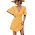 Women Dot Printing Dress Sexy V Neck Elastic Waist Ruffle Sleeve A line Mini Dress Casual Beach Dress yellow L