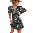 Women Dot Printing Dress Sexy V Neck Elastic Waist Ruffle Sleeve A-line Mini Dress Casual Beach Dress black XL