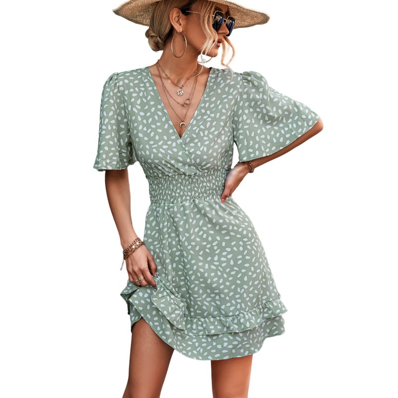 Women Dot Printing Dress Sexy V Neck Elastic Waist Ruffle Sleeve A-line Mini Dress Casual Beach Dress green L