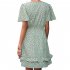 Women Dot Printing Dress Sexy V Neck Elastic Waist Ruffle Sleeve A line Mini Dress Casual Beach Dress green L