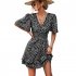 Women Dot Printing Dress Sexy V Neck Elastic Waist Ruffle Sleeve A line Mini Dress Casual Beach Dress yellow L