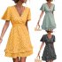 Women Dot Printing Dress Sexy V Neck Elastic Waist Ruffle Sleeve A line Mini Dress Casual Beach Dress yellow L