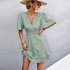 Women Dot Printing Dress Sexy V Neck Elastic Waist Ruffle Sleeve A line Mini Dress Casual Beach Dress yellow L