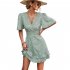 Women Dot Printing Dress Sexy V Neck Elastic Waist Ruffle Sleeve A line Mini Dress Casual Beach Dress yellow L