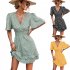 Women Dot Printing Dress Sexy V Neck Elastic Waist Ruffle Sleeve A line Mini Dress Casual Beach Dress yellow L