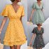 Women Dot Printing Dress Sexy V Neck Elastic Waist Ruffle Sleeve A line Mini Dress Casual Beach Dress yellow L