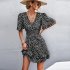 Women Dot Printing Dress Sexy V Neck Elastic Waist Ruffle Sleeve A line Mini Dress Casual Beach Dress yellow L