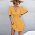 Women Dot Printing Dress Sexy V Neck Elastic Waist Ruffle Sleeve A line Mini Dress Casual Beach Dress yellow L
