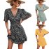 Women Dot Printing Dress Sexy V Neck Elastic Waist Ruffle Sleeve A line Mini Dress Casual Beach Dress yellow L