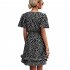Women Dot Printing Dress Sexy V Neck Elastic Waist Ruffle Sleeve A line Mini Dress Casual Beach Dress yellow L