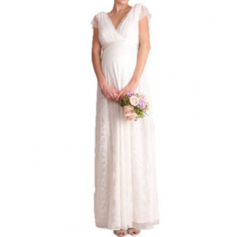 Women Dress Lace Solid Color White V-neck Multi Size Long Dress white_xl