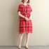 Women Dress Plaid Short Sleeve Crew Neck Loose Waist Summer Midi Dress with Pocket Red L