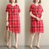 Women Dress Plaid Short Sleeve Crew Neck Loose Waist Summer Midi Dress with Pocket Red XL