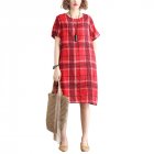 Women Dress Plaid Short Sleeve Crew Neck Loose Waist Summer Midi Dress with Pocket Red_XL