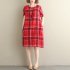 Women Dress Plaid Short Sleeve Crew Neck Loose Waist Summer Midi Dress with Pocket Red XL