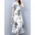 Women Dress Summer V Neck Short Sleeve Waist Fit Pleated Loose Dress Floral Print Casual Long Dresses White XL