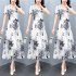 Women Dress Summer V Neck Short Sleeve Waist Fit Pleated Loose Dress Floral Print Casual Long Dresses White XL