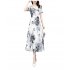 Women Dress Summer V Neck Short Sleeve Waist Fit Pleated Loose Dress Floral Print Casual Long Dresses White XL