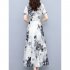 Women Dress Summer V Neck Short Sleeve Waist Fit Pleated Loose Dress Floral Print Casual Long Dresses White XL
