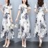 Women Dress Summer V Neck Short Sleeve Waist Fit Pleated Loose Dress Floral Print Casual Long Dresses White M