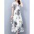 Women Dress Summer V Neck Short Sleeve Waist Fit Pleated Loose Dress Floral Print Casual Long Dresses White M