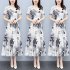 Women Dress Summer V Neck Short Sleeve Waist Fit Pleated Loose Dress Floral Print Casual Long Dresses White XL