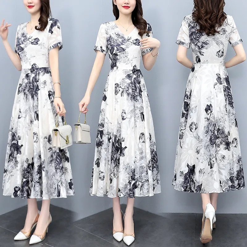 Women Dress Summer V Neck Short Sleeve Waist Fit Pleated Loose Dress Floral Print Casual Long Dresses White 3XL