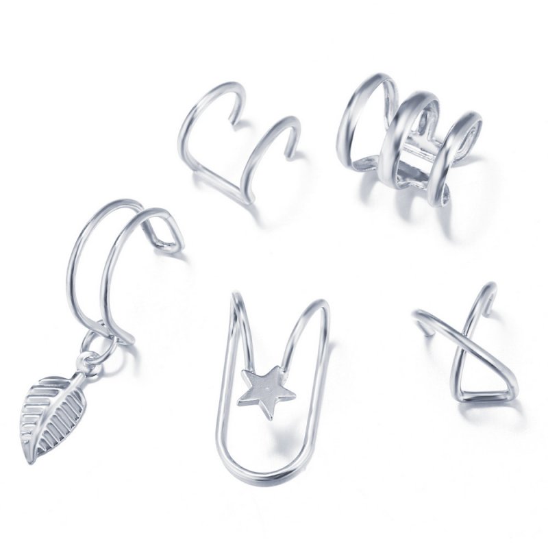 Women Ear Clips U Shape Rhinestone Earrings Simple Alloy Eardrop Jewelries Decoration 5pcs/set silver