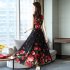 Women Elegant Fashion Summer Chic Flower Printing Thin Waist Sleeveless Long A line Dress Photo Color XL