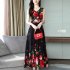 Women Elegant Fashion Summer Chic Flower Printing Thin Waist Sleeveless Long A line Dress Photo Color XL