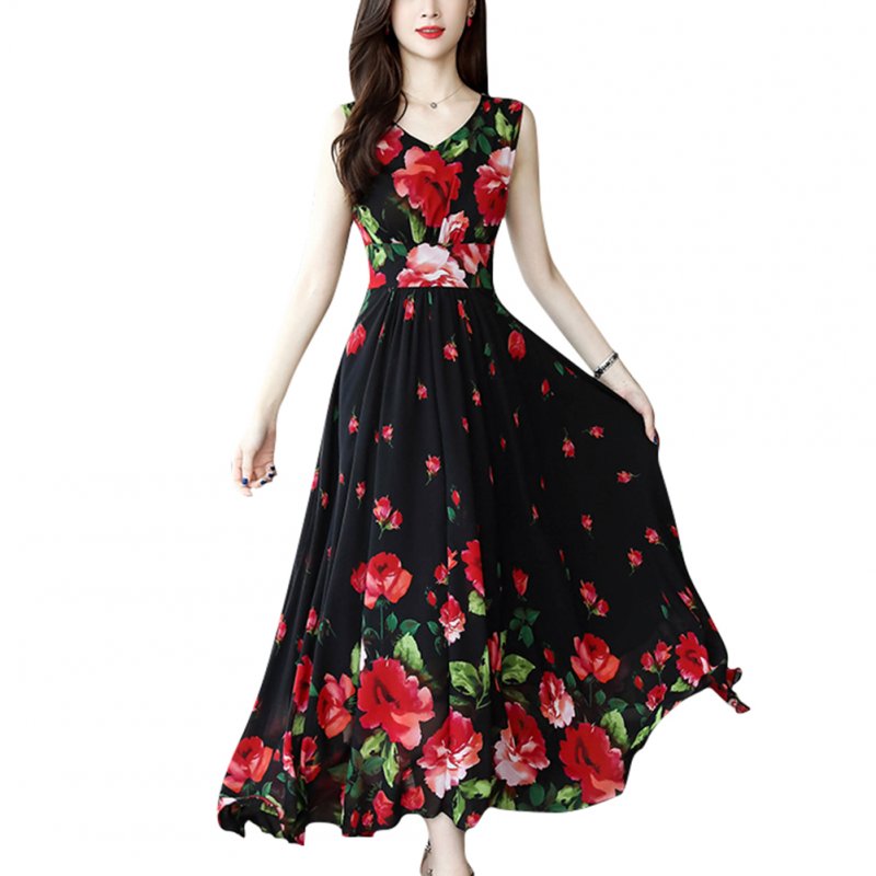 Women Elegant Fashion Summer Chic Flower Printing Thin Waist Sleeveless Long A-line Dress Photo Color_XL