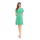 Women Elegant Large Hem Floral Printed Short Sleeves A line Waisted Dress green XL