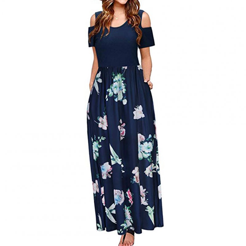 Women Elegant Off Shoulder Printing Long Style Pockets Dress Dark blue_XL