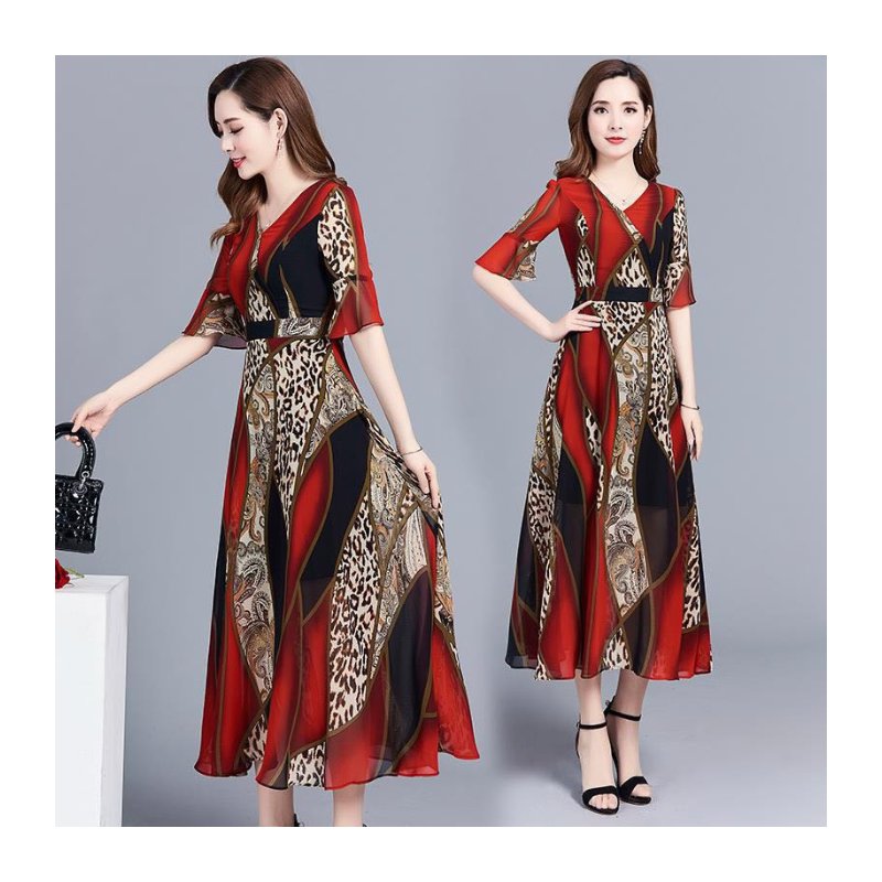 Women Elegant Print Knee-length Leopard Print Fashion Dress red_M