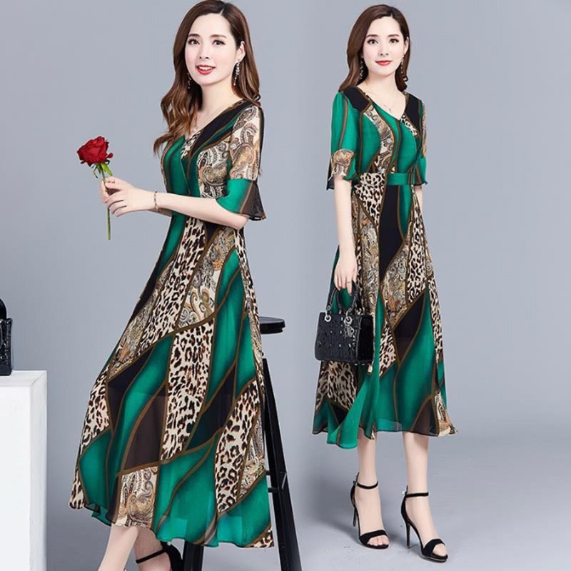 Women Elegant Print Knee-length Leopard Print Fashion Dress green_XL