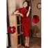 Women Elegant Retro Cheongsam Dress With Pearl Tassel Decoration High Split Chinese Traditional Party Costume wine red XXXL