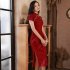 Women Elegant Retro Cheongsam Dress With Pearl Tassel Decoration High Split Chinese Traditional Party Costume wine red XXXL
