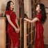 Women Elegant Retro Cheongsam Dress With Pearl Tassel Decoration High Split Chinese Traditional Party Costume wine red XXXL