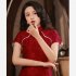 Women Elegant Retro Cheongsam Dress With Pearl Tassel Decoration High Split Chinese Traditional Party Costume wine red XXXL