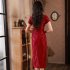 Women Elegant Retro Cheongsam Dress With Pearl Tassel Decoration High Split Chinese Traditional Party Costume wine red XXXL