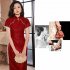 Women Elegant Retro Cheongsam Dress With Pearl Tassel Decoration High Split Chinese Traditional Party Costume wine red XXXL