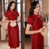 Women Elegant Retro Cheongsam Dress With Pearl Tassel Decoration High Split Chinese Traditional Party Costume wine red XXXL